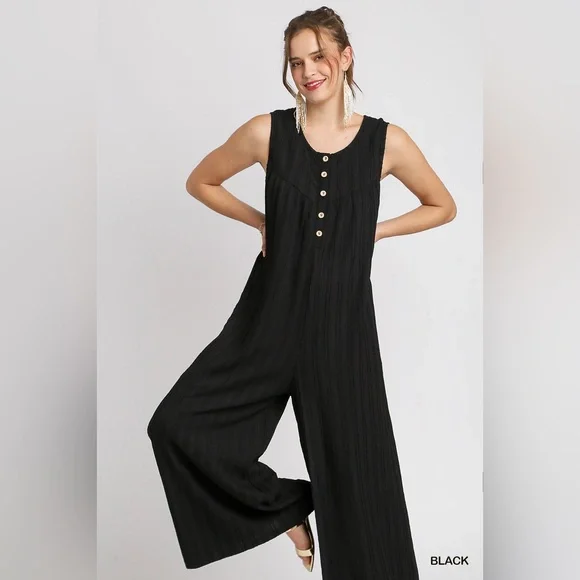 Umgee Black Sleeveless Wide-Leg Jumpsuit with Gold Buttons - Picture 2 of 4